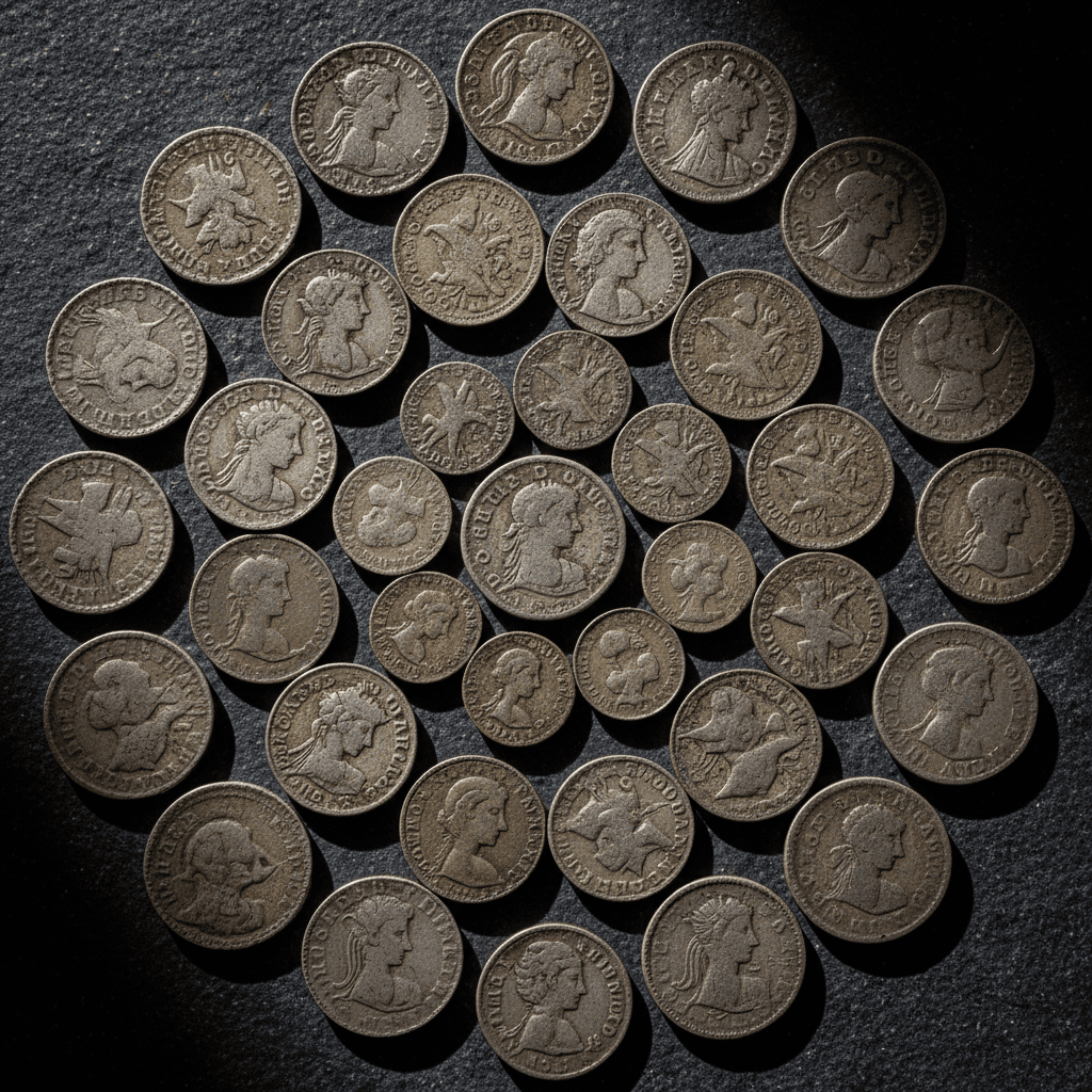 Collection of antique coins with detailed engravings