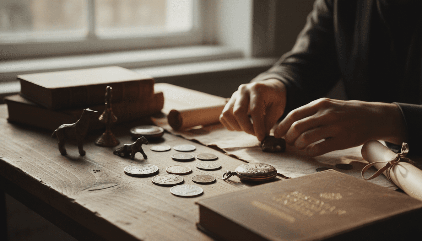 Hands carefully examining vintage coins and collectibles on a wood surface