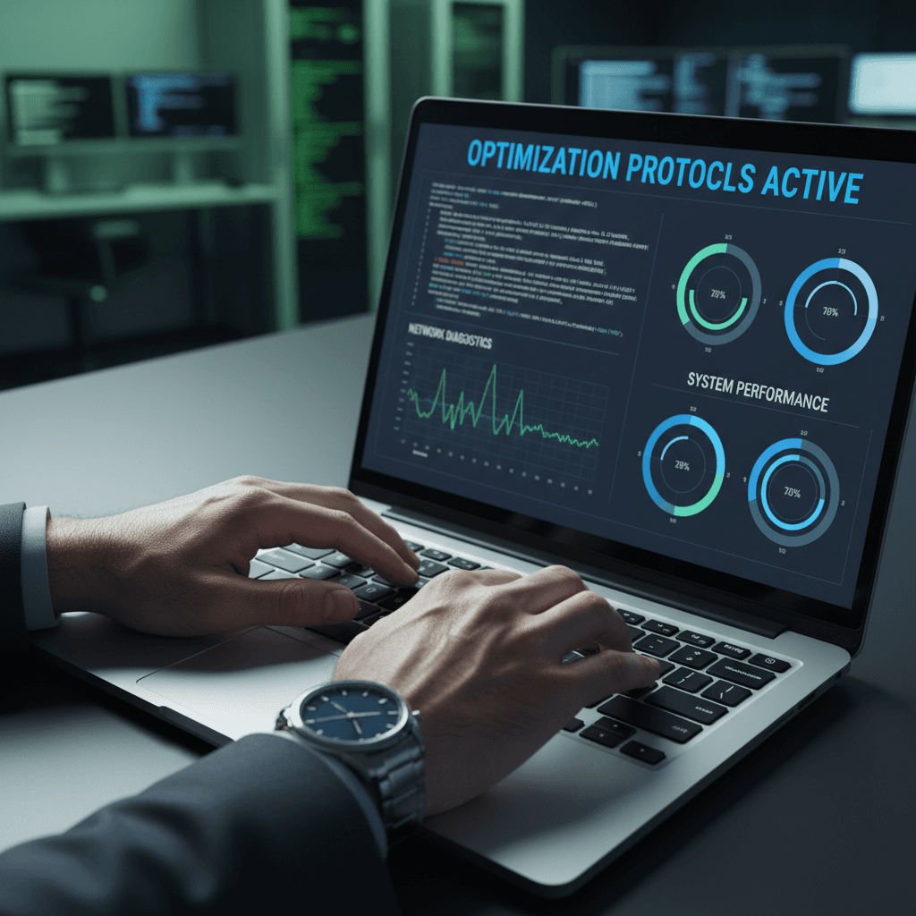 Certified technology consultant's hands typing on laptop keyboard while reviewing system monitoring dashboards and infrastructure diagnostics