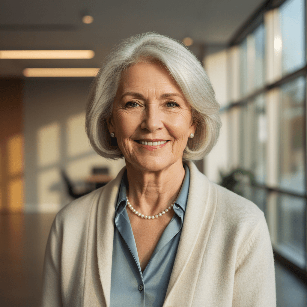 Warm portrait of a retired professional woman with silver hair smiling confidently in soft natural light