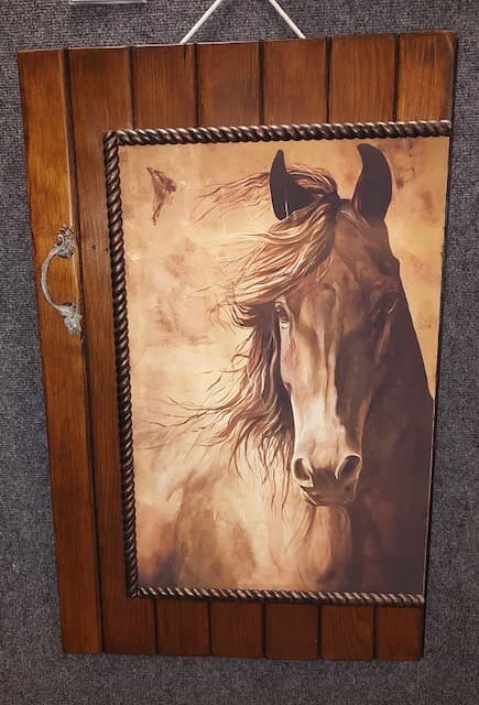 Sepia horse portrait with flowing mane on a wooden door panel with a metal handle.